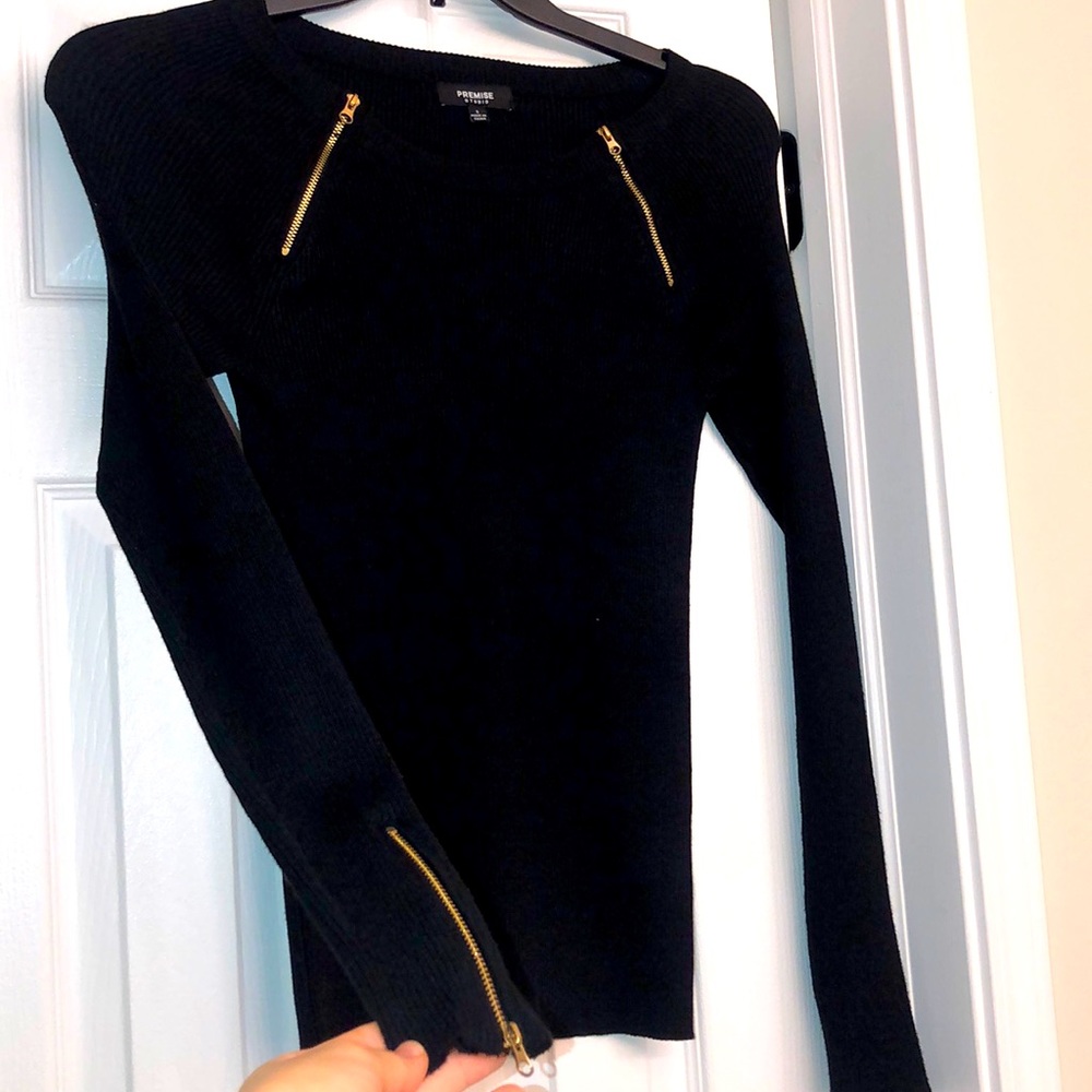 Women’s NEW Black Ribbed Sweater Gold Zip Detail